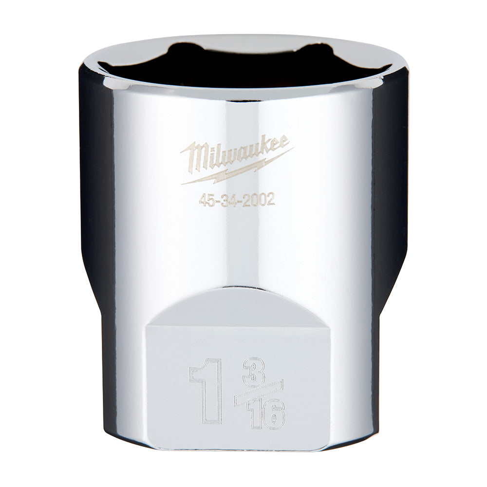 Milwaukee 1/2" drive socket with 1-3/16" opening, polished chrome finish with black grip band.