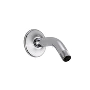 Chrome shower arm with circular flange and threaded connection port.