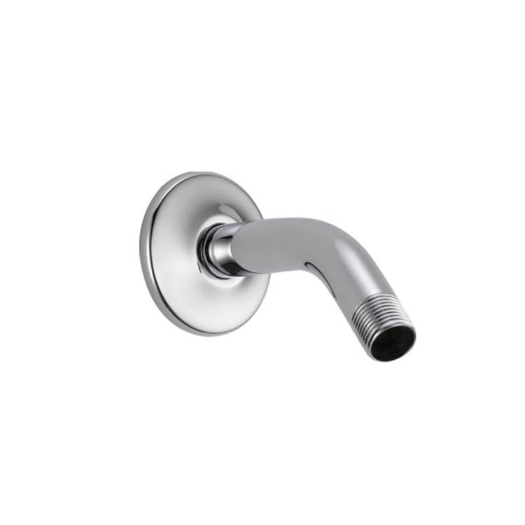 Chrome shower arm with circular flange and threaded connection port.