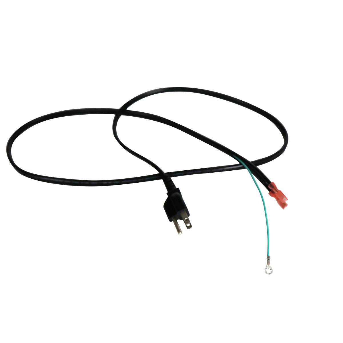 Black power cord with three-prong plug, turquoise and red wire connectors at terminal end.