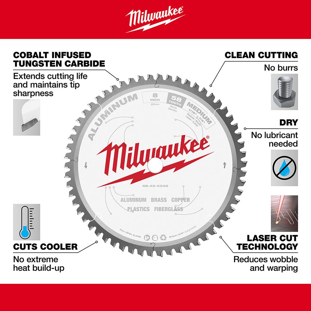 Milwaukee 8-inch aluminum cutting circular saw blade with cobalt infused tungsten carbide teeth and laser cut technology.