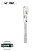 Milwaukee 1/2" drive torque wrench with flex head and adjustment knob, silver metal construction.