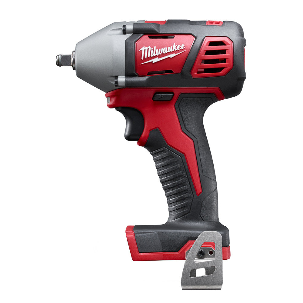 Milwaukee M18 3/8 inch impact wrench with red and black body, grip handle, and battery base shown without battery.