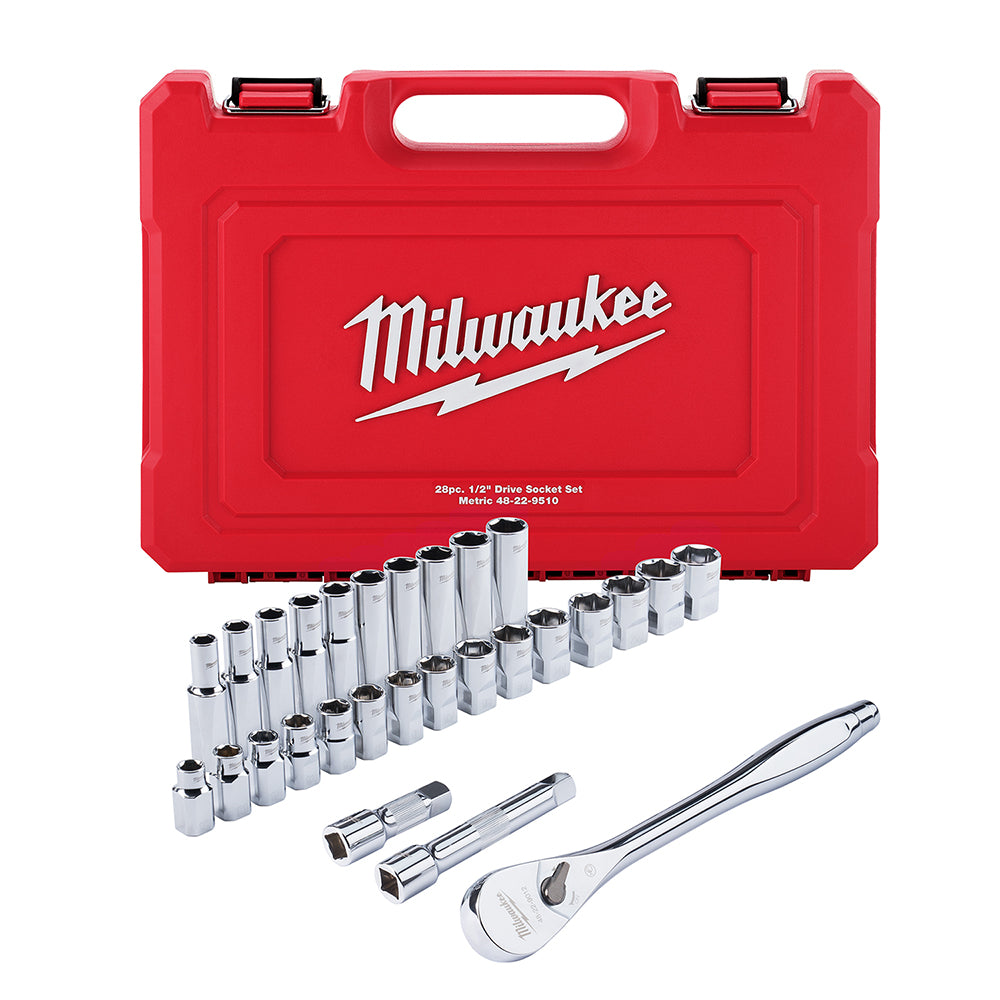 Red Milwaukee case containing 28 metric socket wrenches, extensions, and ratchet handle.