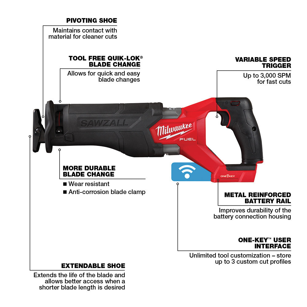 Milwaukee M18 FUEL reciprocating saw with red and black body, variable speed trigger, and labeled features including pivoting