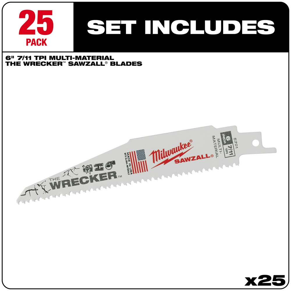 Milwaukee Wrecker 6-inch SAWZALL blade with 7/11 TPI teeth and mounting pin for reciprocating saws.