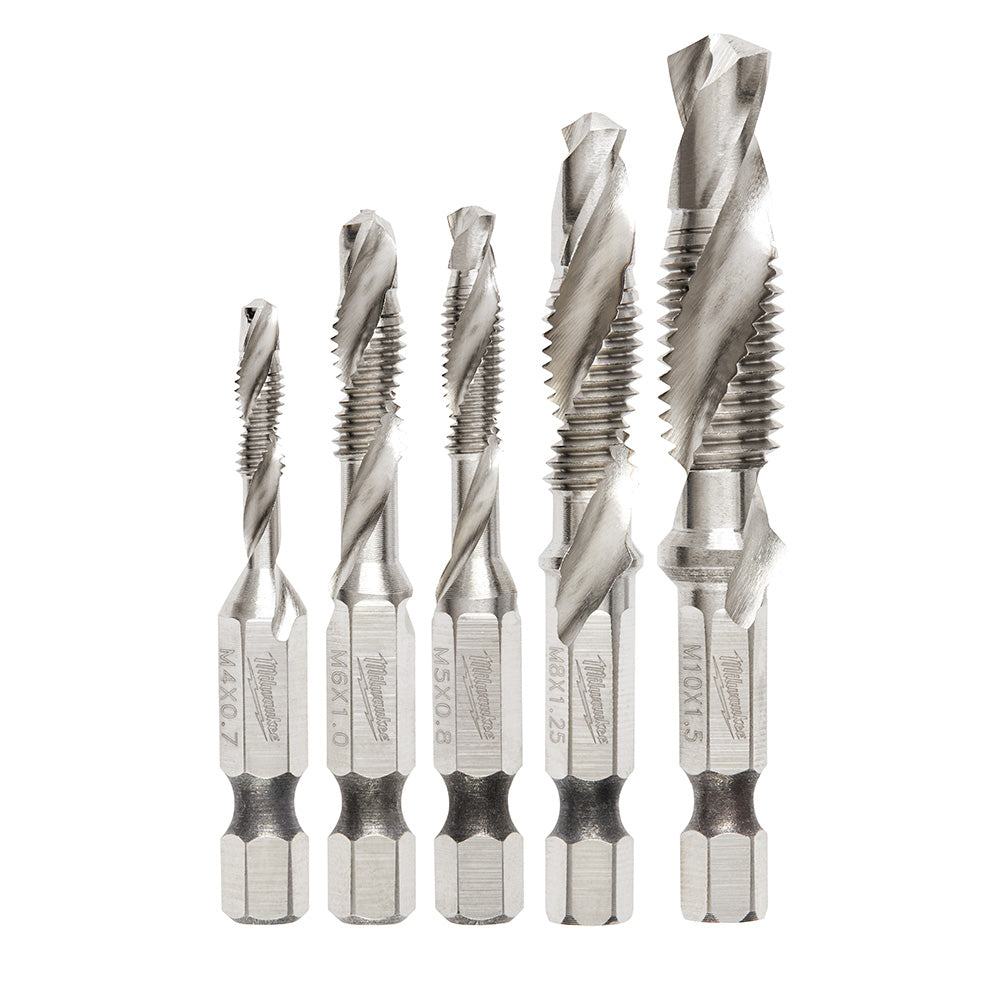 Five metal drill taps in increasing sizes arranged left to right, with threaded shanks and cutting heads.
