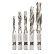 Five metal drill taps in increasing sizes arranged left to right, with threaded shanks and cutting heads.