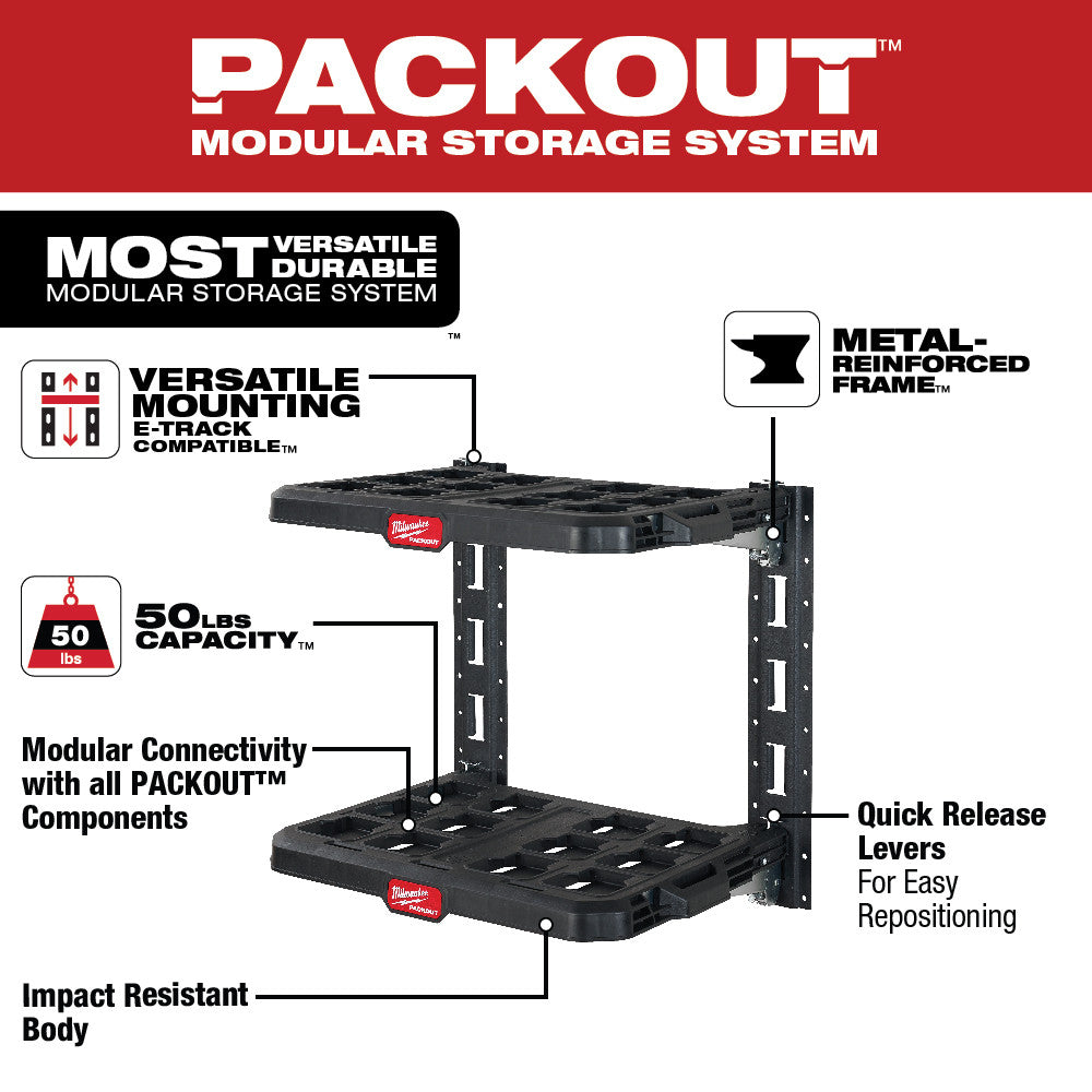 Two-tier black PACKOUT racking system with metal reinforced frame, quick release levers, and 50 lbs capacity per shelf.