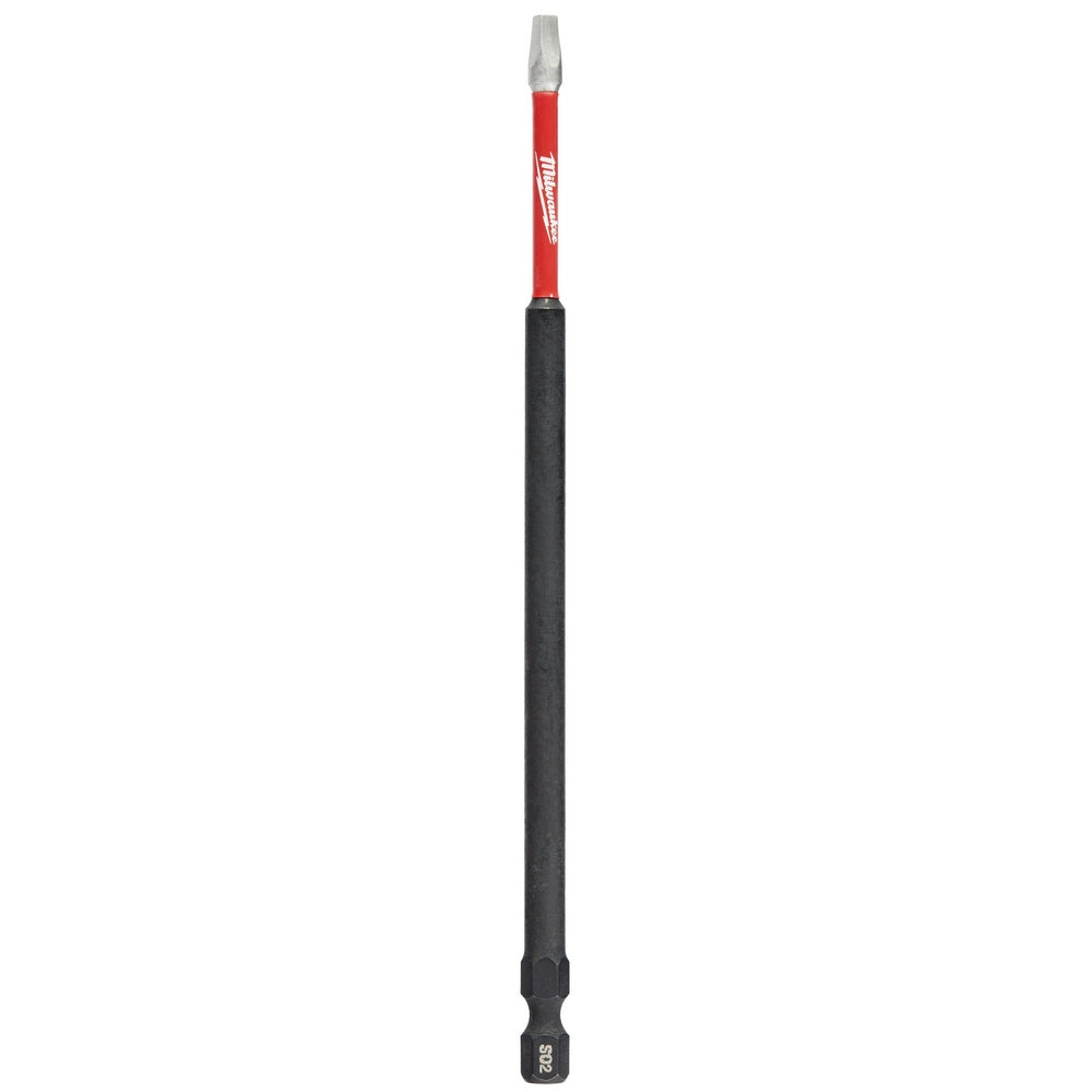 Milwaukee Shockwave square recess #2 power bit with red upper shaft and black grip lower shaft.