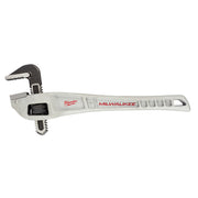 Silver aluminum pipe wrench with black curved jaw head and serrated grip teeth on left end.