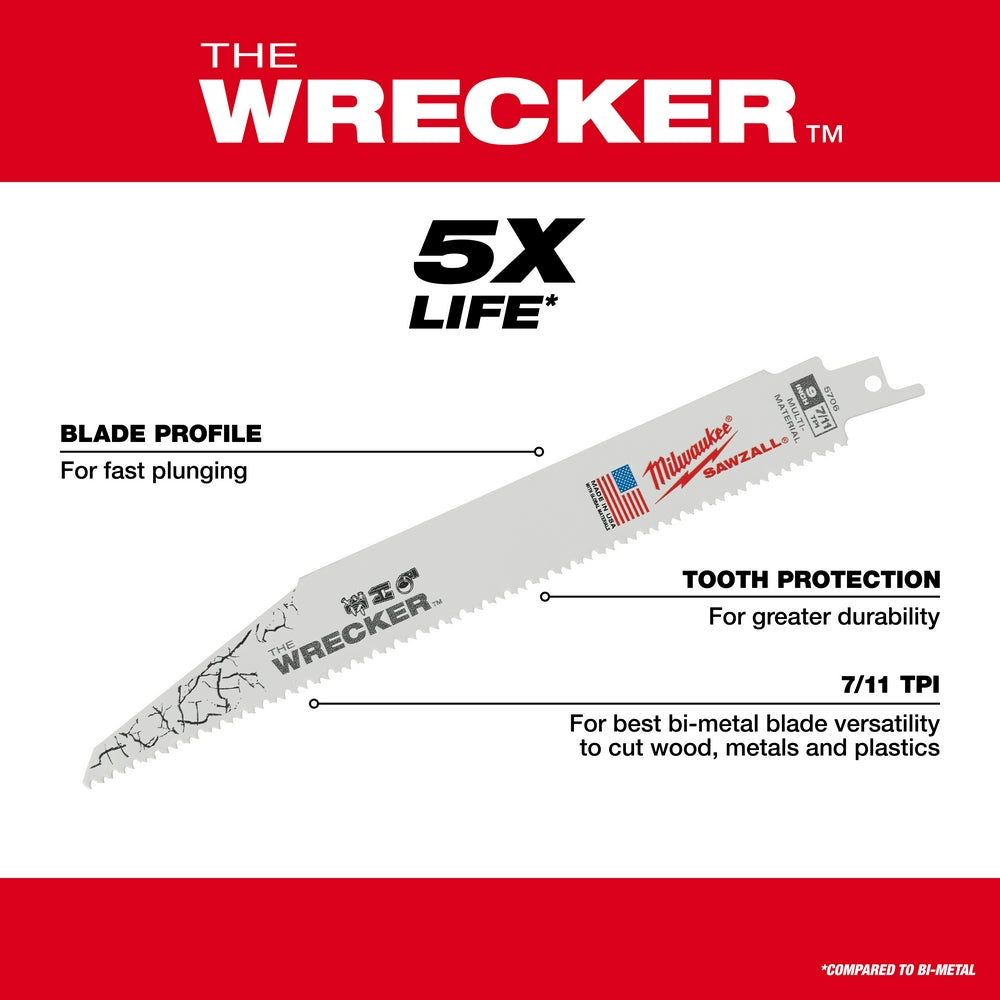 Milwaukee Wrecker 12-inch SAWZALL blade with 7/11 TPI teeth and protective coating for multi-material cutting.