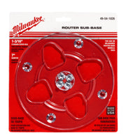 Clear Milwaukee router sub-base, 7 in. diameter with 1-3/16 in. center hole and mounting hardware.