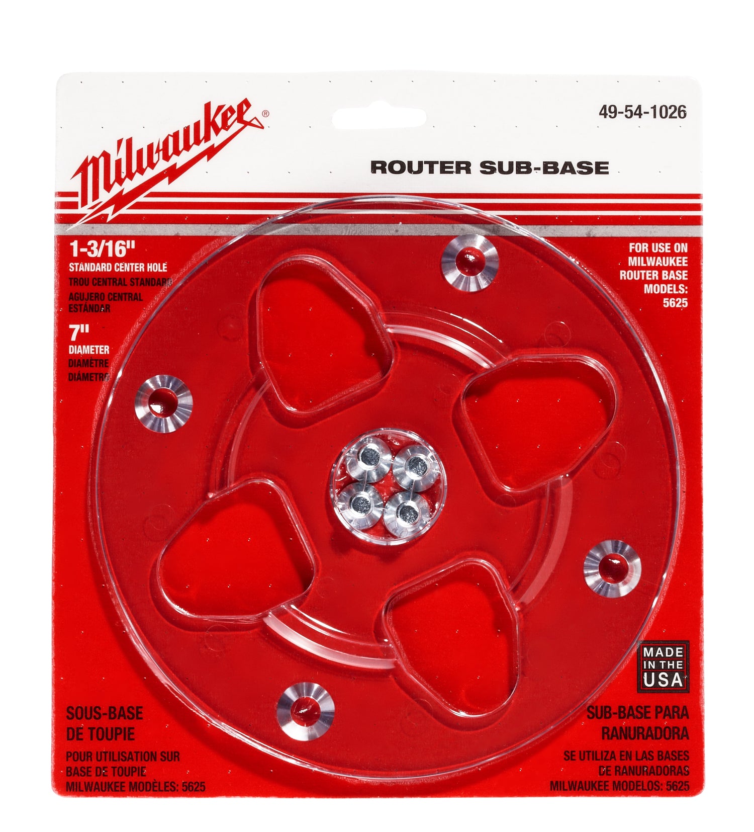 Clear Milwaukee router sub-base, 7 in. diameter with 1-3/16 in. center hole and mounting hardware.