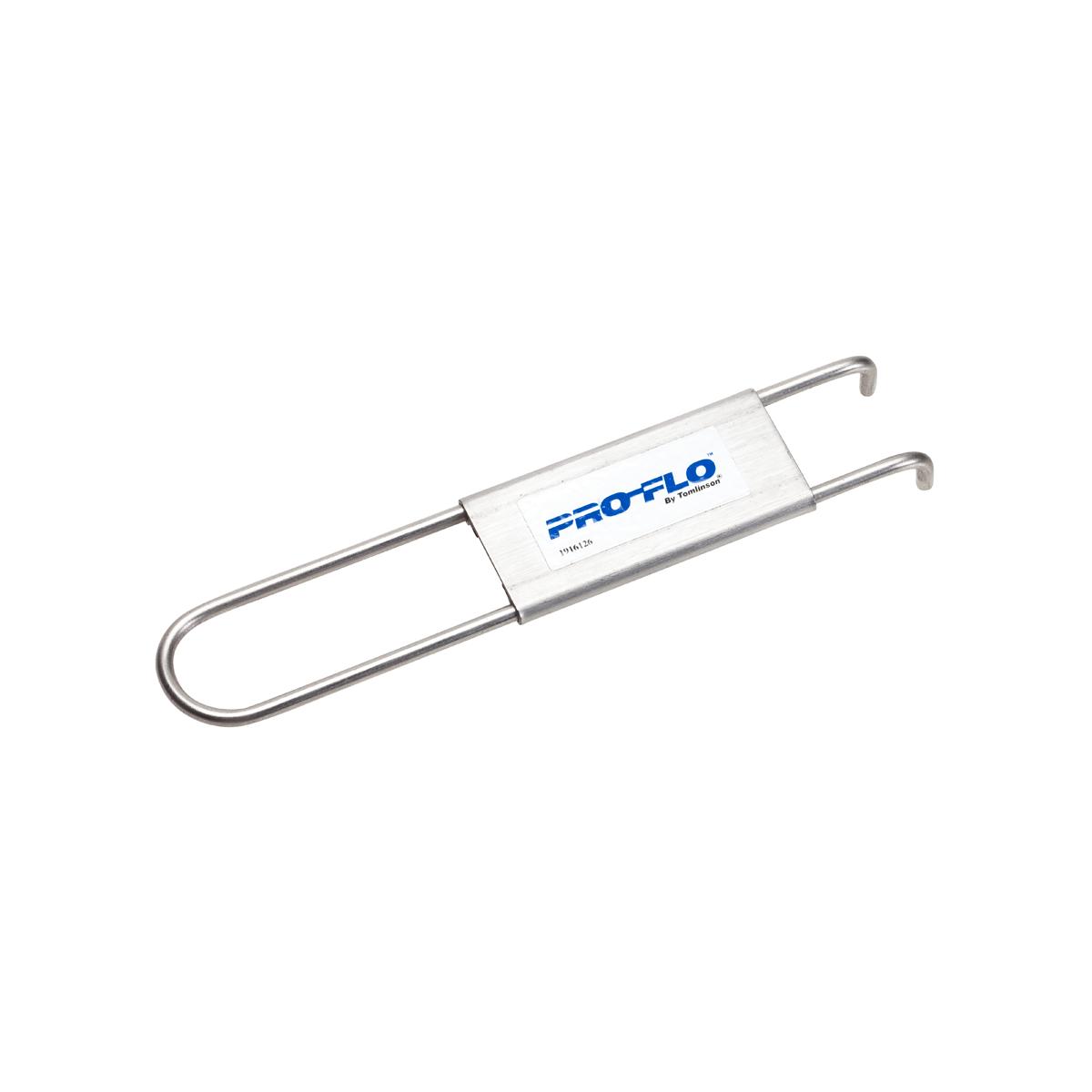 Silver metal spanner wrench with white and blue Pro-Flo branding label and curved hook ends.