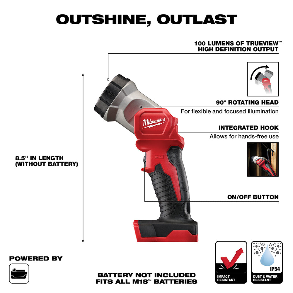 Red and black Milwaukee M18 LED work light with 90-degree rotating head, integrated hook, and on/off button.