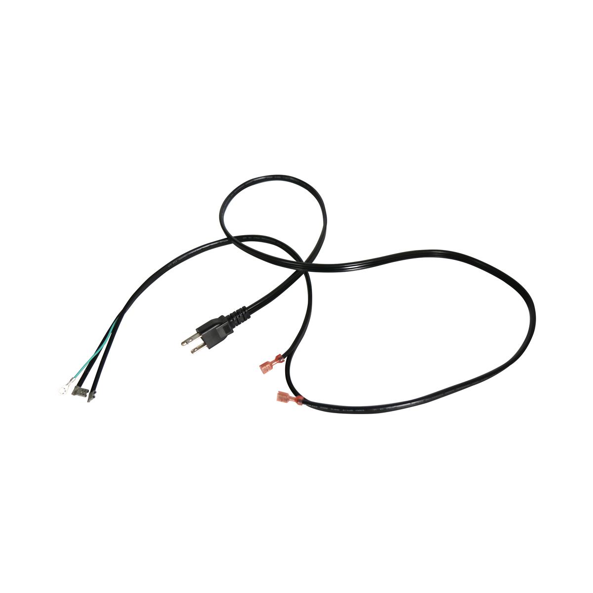 Black power cord with two-prong plug and copper terminal connectors on white background.