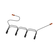 Black wiring assembly with four connector ports and two red-tipped lead wires.