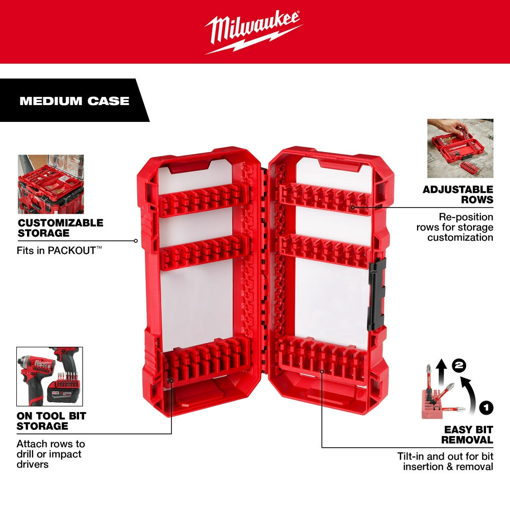 Red Milwaukee medium storage case with adjustable rows and tool bit holders, shown open with interior compartments.