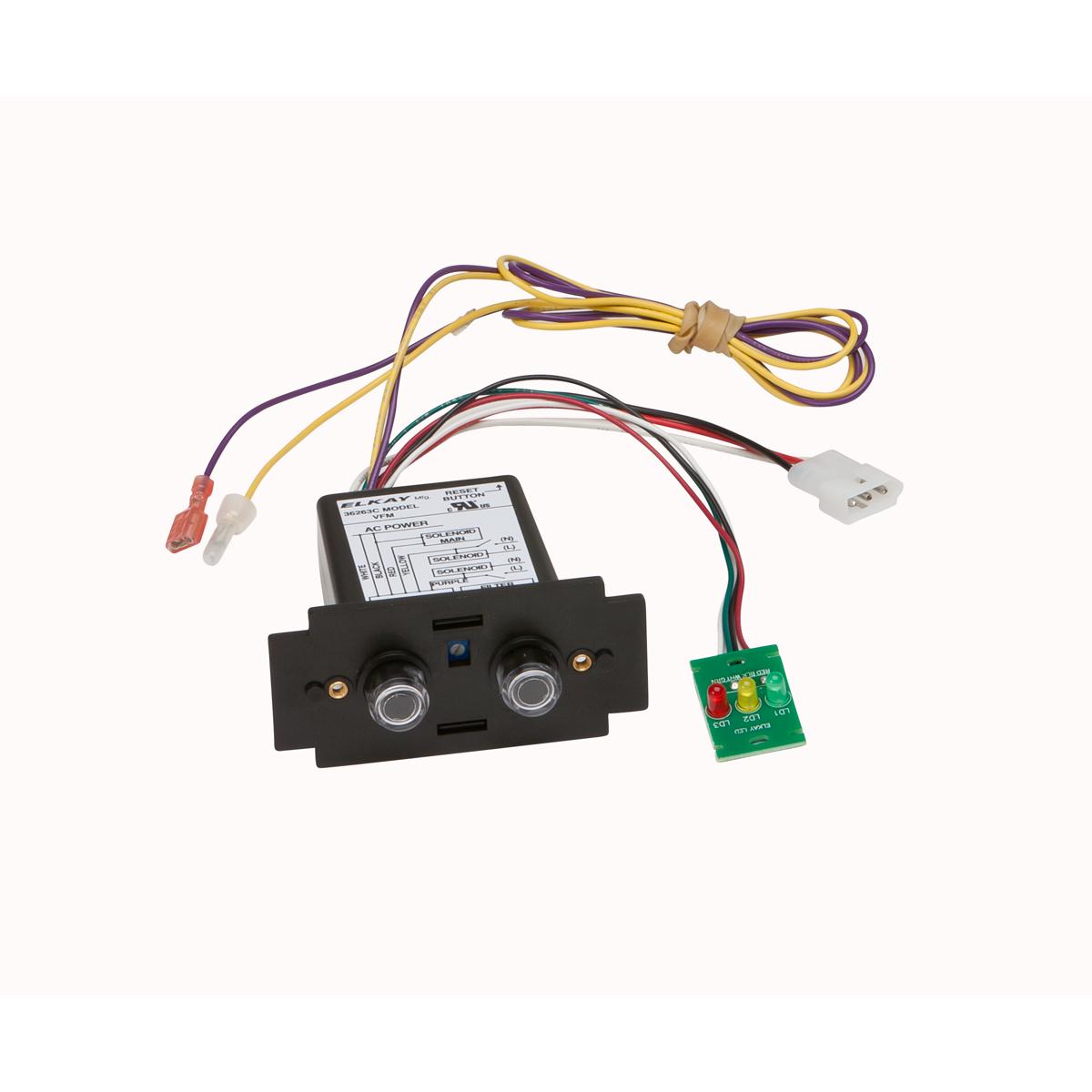 Elkay VFM sensor assembly with black housing, dual infrared sensors, control module, and colored wiring connectors.