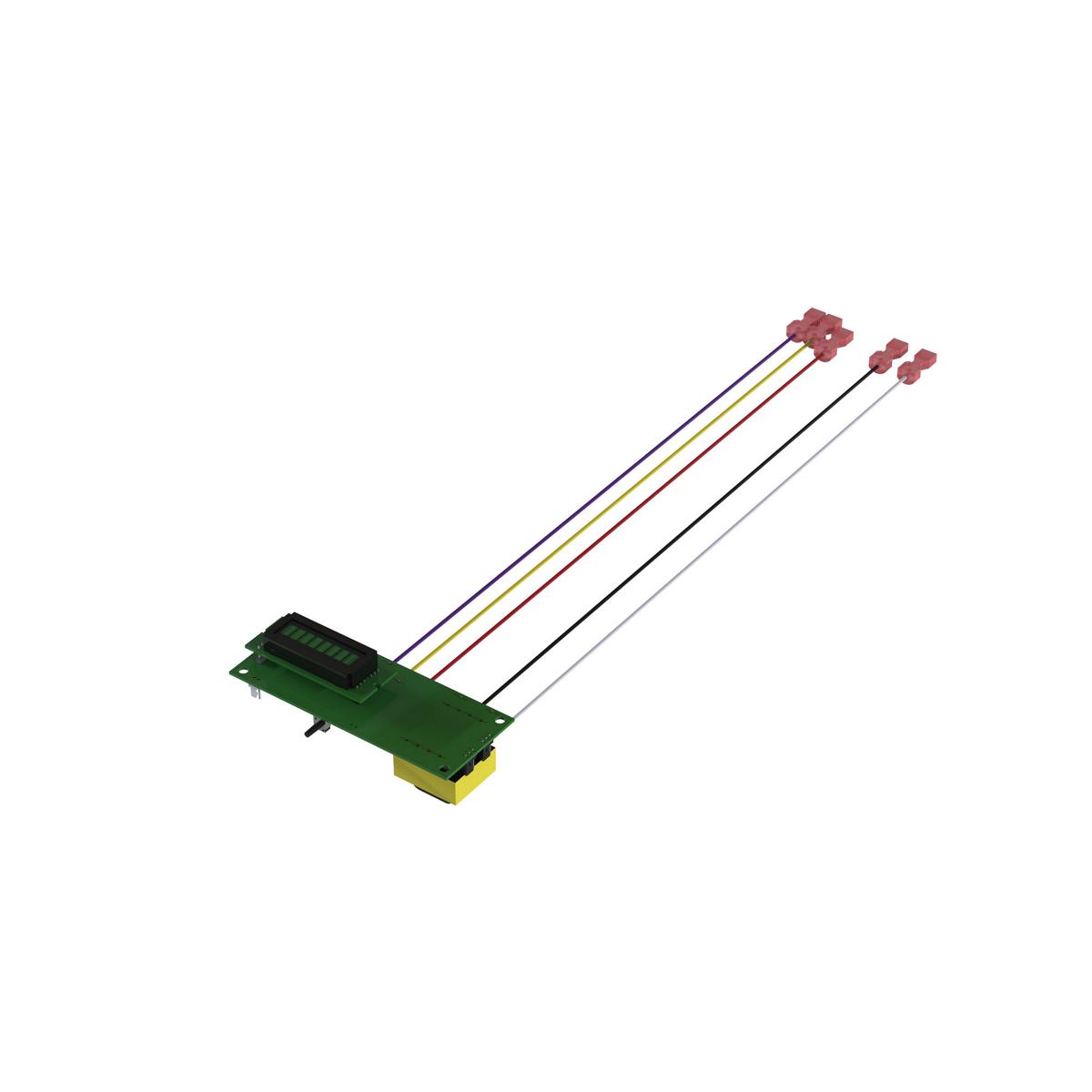 Green circuit board with digital display and four colored wire connectors with red terminal blocks.