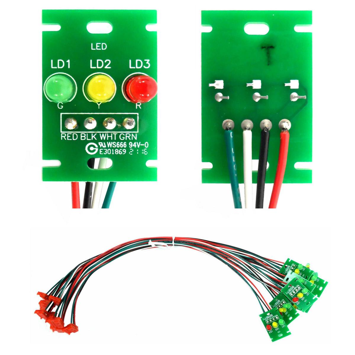 Green circuit board with three LED indicators (green, yellow, red) and color-coded wires on front and back.