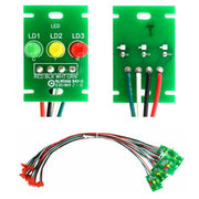Green circuit board with three LED indicators (green, yellow, red) and color-coded wires on front and back.