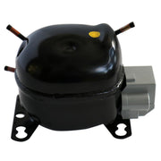 Black refrigeration compressor unit with yellow label, copper tubing ports, gray electrical connector, and black mounting bra