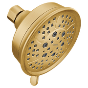 Brushed gold round showerhead with multiple spray holes and adjustable lever on side.