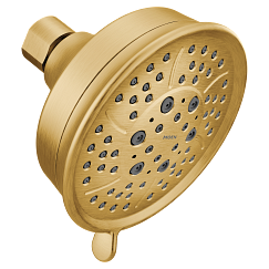 Brushed gold round showerhead with multiple spray holes and adjustable lever on side.