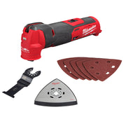 Red and black Milwaukee M12 FUEL oscillating multi-tool with accessory attachments and sanding pads.