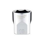 Milwaukee 18mm metric 6-point socket with 3/8 inch drive, polished chrome finish and black grip band.