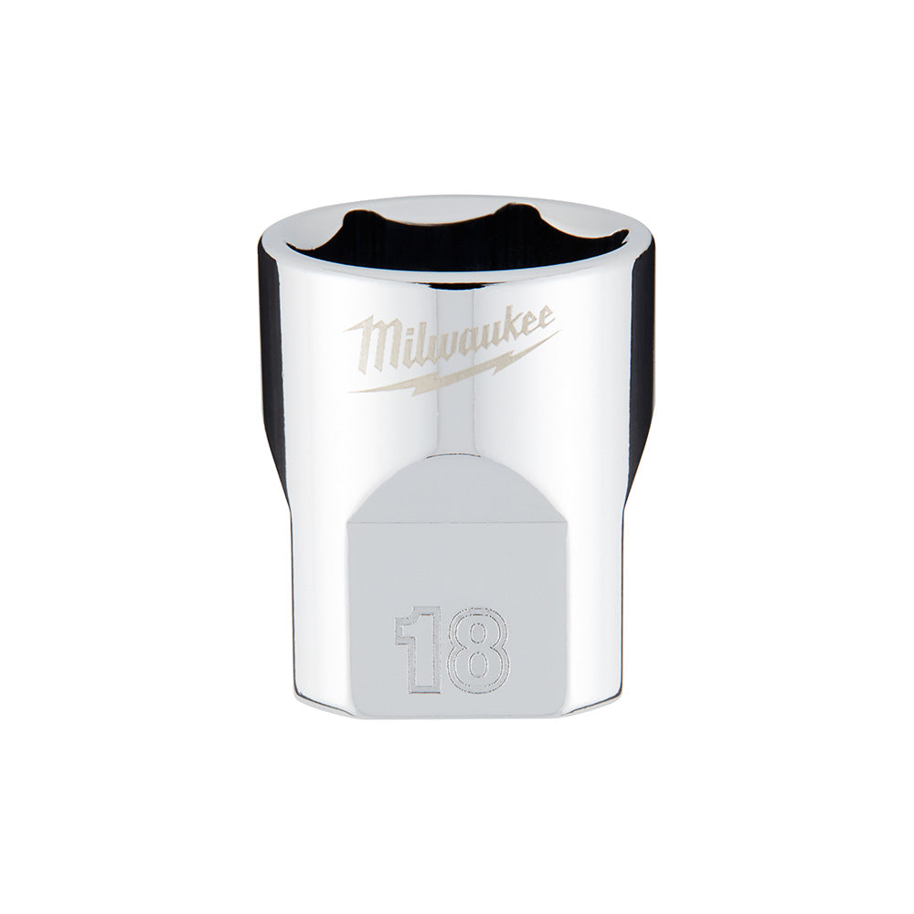 Milwaukee 18mm metric 6-point socket with 3/8 inch drive, polished chrome finish and black grip band.