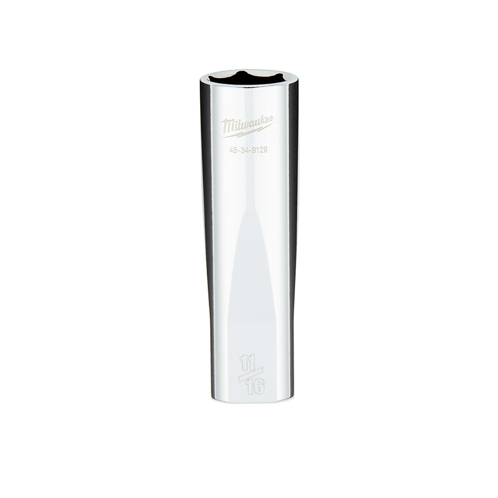 Milwaukee 1/2 in. drive 11/16 in. SAE 6-point deep socket with four flat sides and engraved model number.
