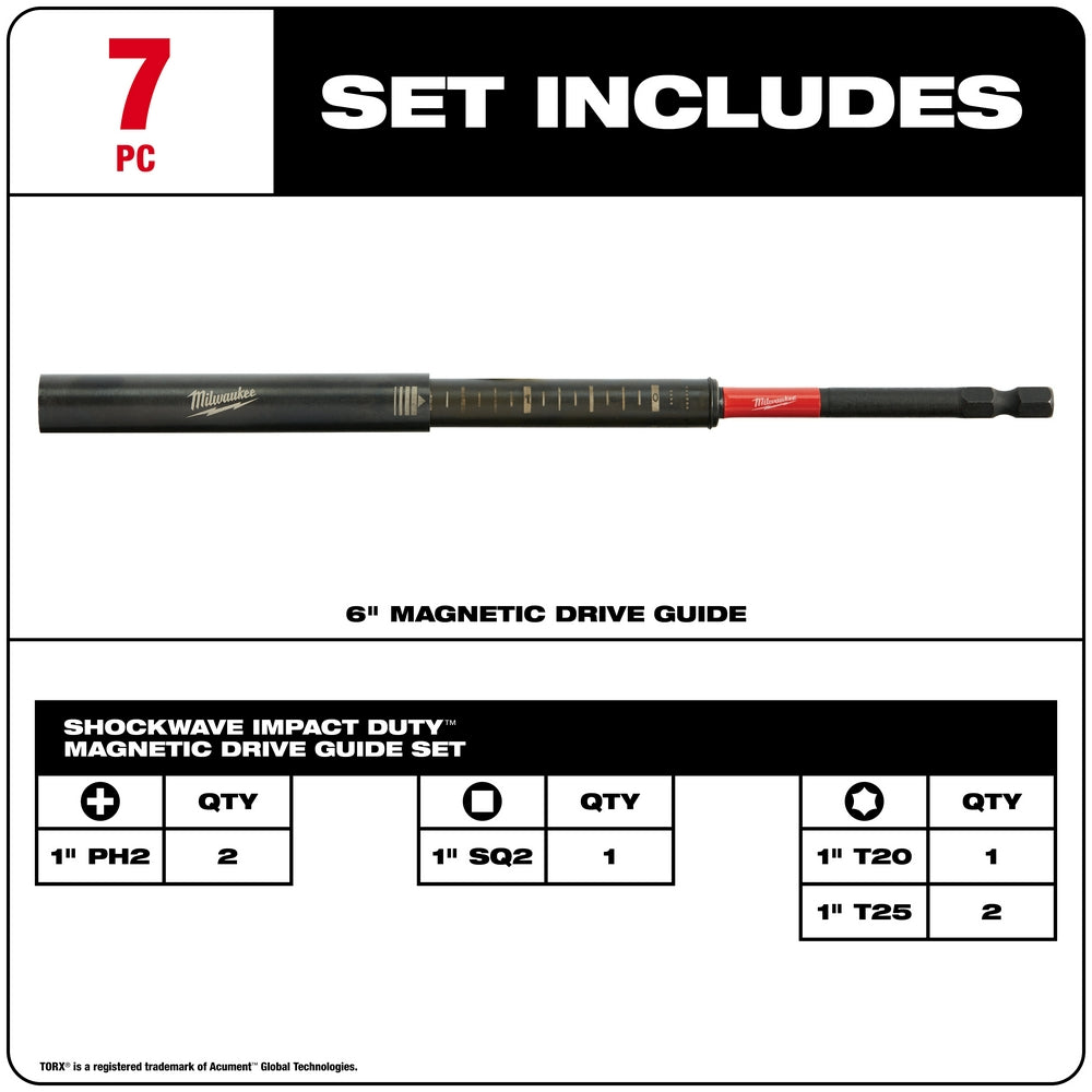 Black Milwaukee Shockwave magnetic drive guide with red accent and included bits: two 1" PH2, one 1" SQ2, one 1" T20, and two