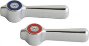 Two chrome faucet lever handles with blue and red circular indicator rings.