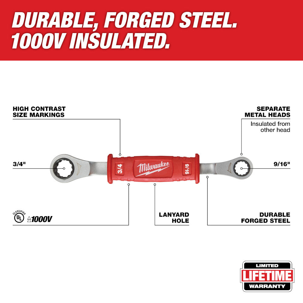 Milwaukee insulated ratcheting box wrench with 3/4" and 9/16" heads, red grip, and lanyard hole.