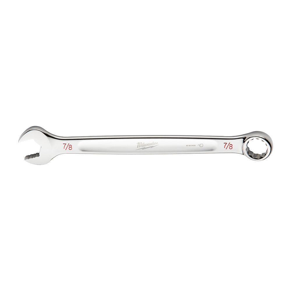 Silver Milwaukee 7/8 in. SAE combination wrench with open end on left and ring end on right.