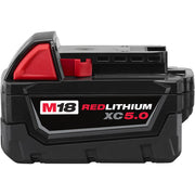 Milwaukee M18 REDLITHIUM XC 5.0 battery pack with black plastic body, red accent panel, and charging contacts.