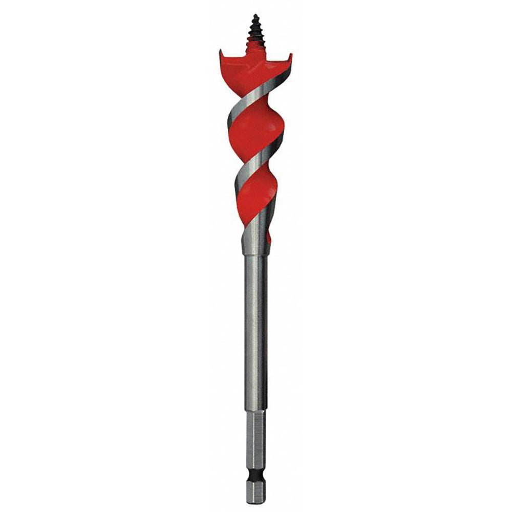 Milwaukee SPEED FEED wood bit with red spiral flutes, metal shaft, and pointed tip on white background.