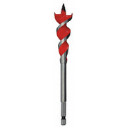 Milwaukee SPEED FEED wood bit with red spiral flutes, metal shaft, and pointed tip on white background.