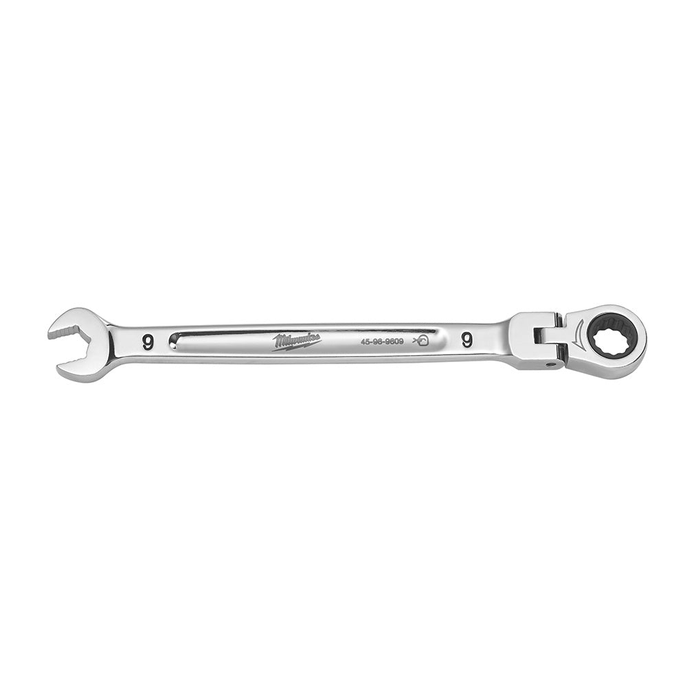 Silver Milwaukee 9mm flex head ratcheting combination wrench with open end and ratchet socket end.