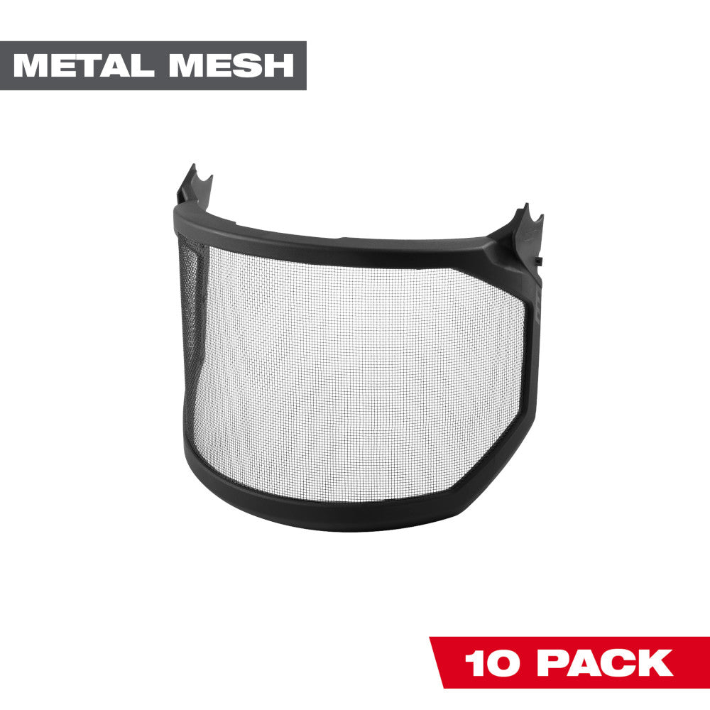Metal mesh protective shield with black plastic frame and mounting clips for helmet or hard hat attachment.