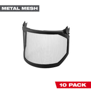 Metal mesh protective shield with black plastic frame and mounting clips for helmet or hard hat attachment.