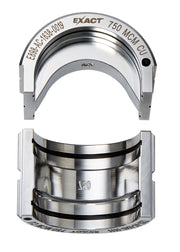 Milwaukee EXACT 750 MCM copper U-style crimping die with gray housing and stainless steel components, shown from top and bott