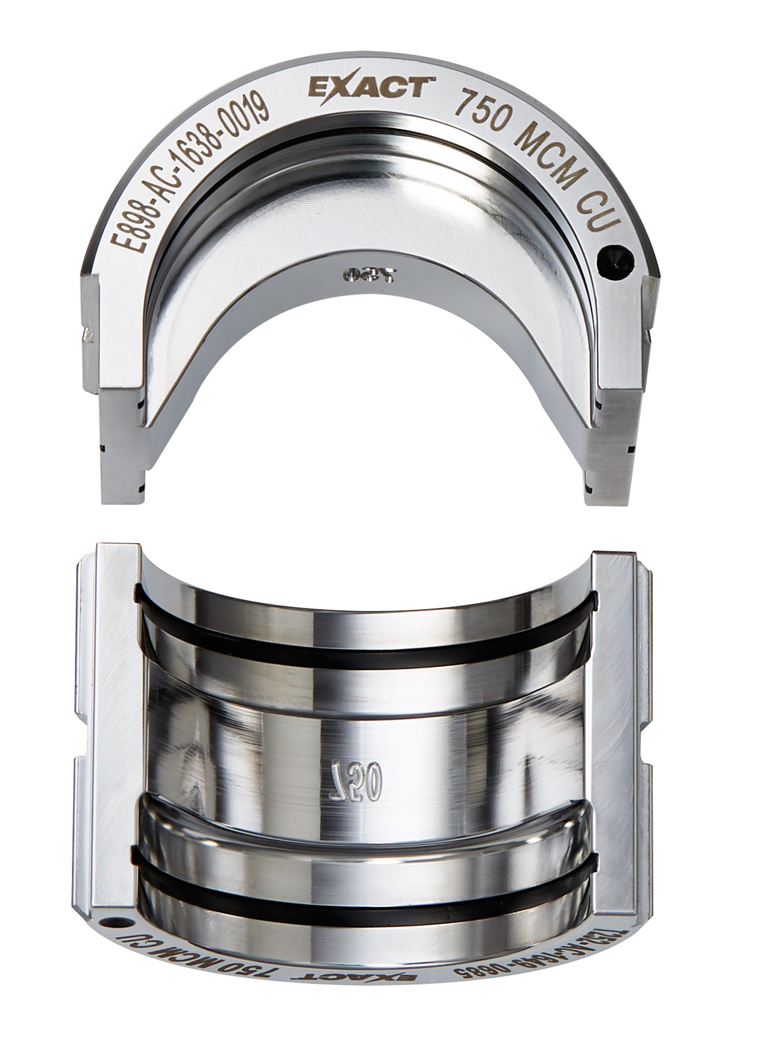 Milwaukee EXACT 750 MCM copper U-style crimping die with gray housing and stainless steel components, shown from top and bott