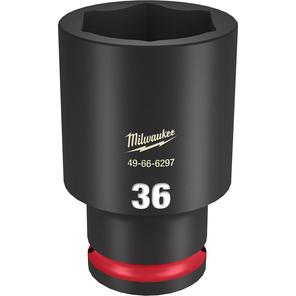 Black cylindrical socket with hexagonal opening, red grip band near base, marked "36" and Milwaukee logo.