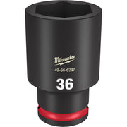 Black cylindrical socket with hexagonal opening, red grip band near base, marked "36" and Milwaukee logo.