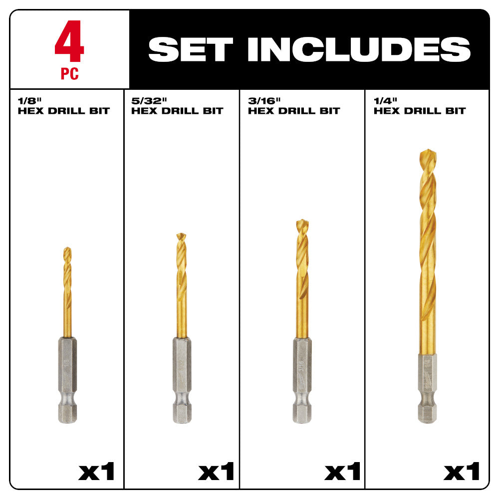 Four gold-colored hex drill bits in sizes 1/8", 5/32", 3/16", and 1/4" with gray hex shanks.