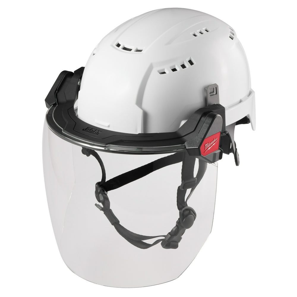 White safety helmet with clear full-face shield, black suspension straps, and red Milwaukee branding on side mount.